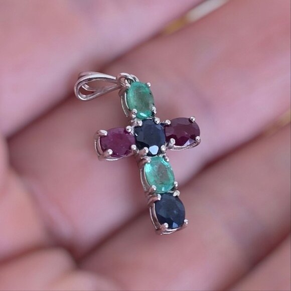 925 Sterling Silver Cross Pendant 1.5x2cm with Natural Sapphire, Emerald, Ruby - Picture 2 of 6